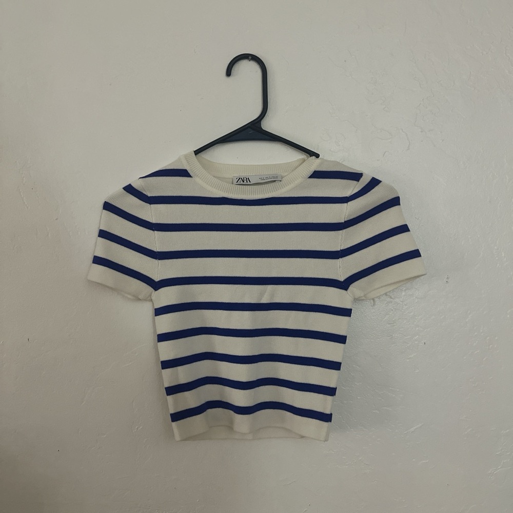 Zara Navy and White Striped Knit Tee